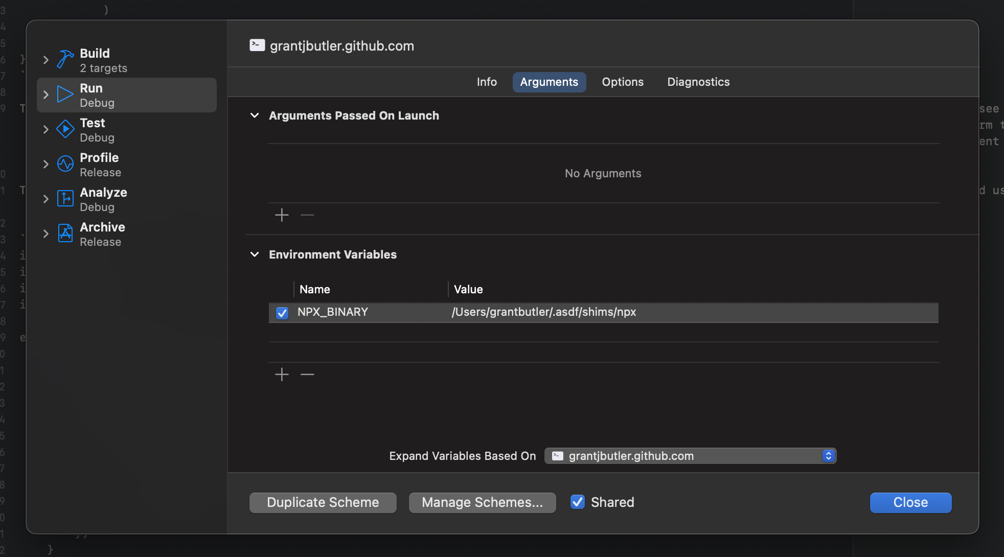 Xcode's Scheme Editor, highlighting the environment variables for the Publish project's scheme, which has an NPX_BINARY key-value pair.