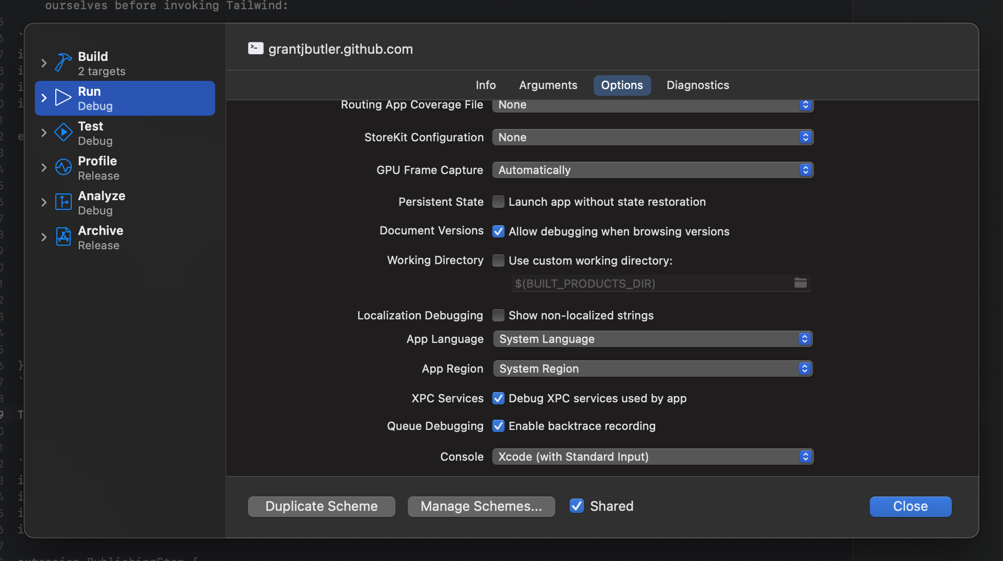 Xcode Scheme Editor, showing the 